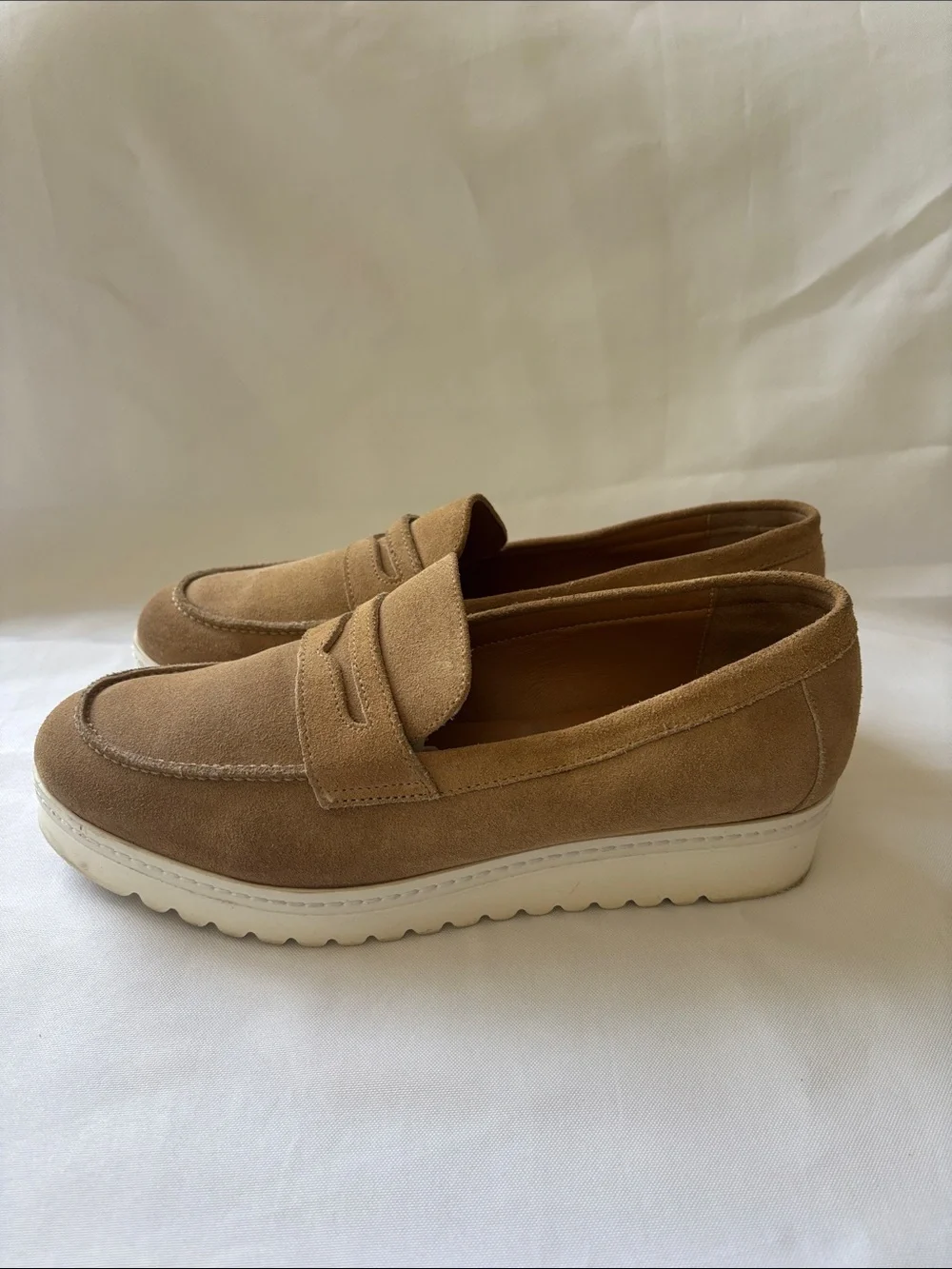 Aquatalia Suede Loafers in Light Tan with White Platform